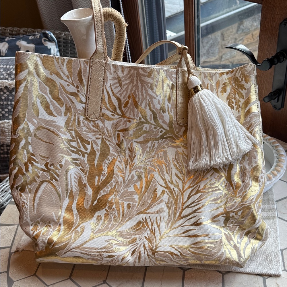 Lilly Pulitzer Gold and Cream Floral Tote with Tassel
